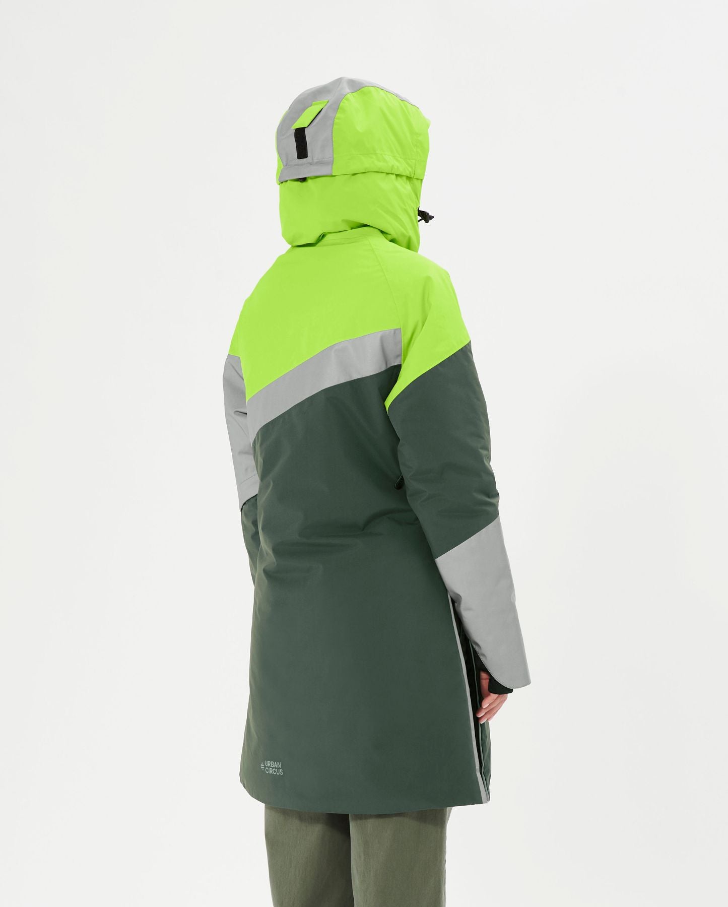 parka chaude vert fluo kaki grande capuche vélo urbain femme dos
