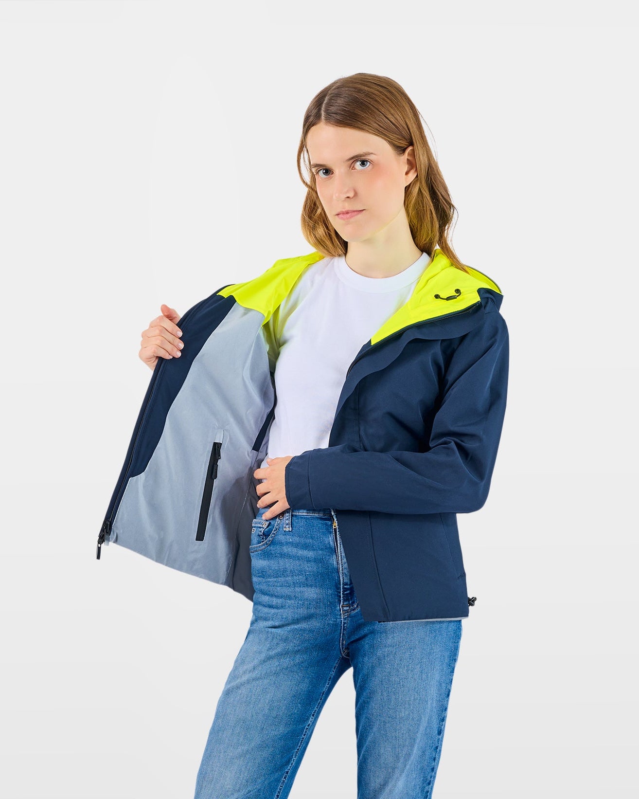 repop jaune fluo bleue marine veste vélotaf réversible face sobre sur femme