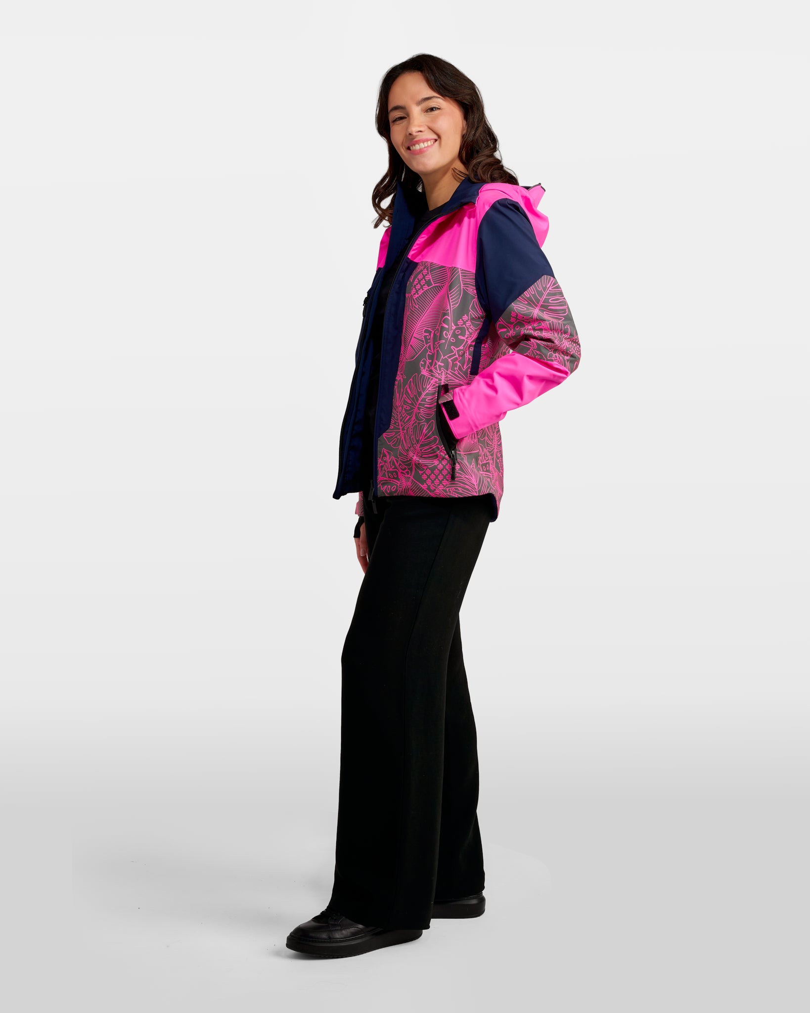 Veste vélo femme visible rose fluo imperméable motifs jungle 